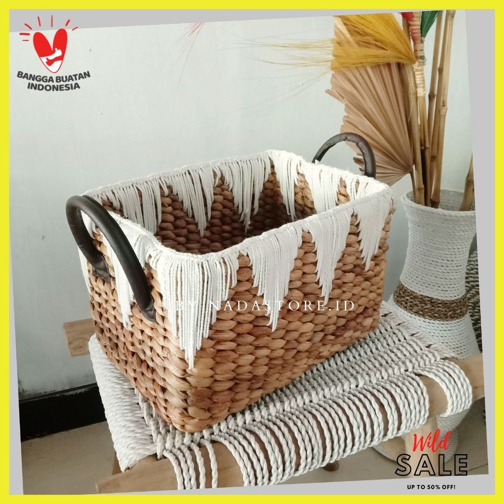 Nadastore  Keranjang Rectangular Rajut Macrame Premium / Basket Enceng Gondok / Tempat Buku / Hamper