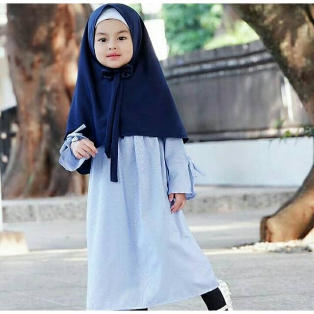 Set gamis stripe/ gamis katun murah/ gamis anak dan jilbab