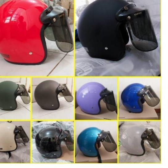 Model Baru.. HELM RETRO DEWASA ARC GARIS ORIGINAL KACA DATAR KACA CEMBUNG SNI