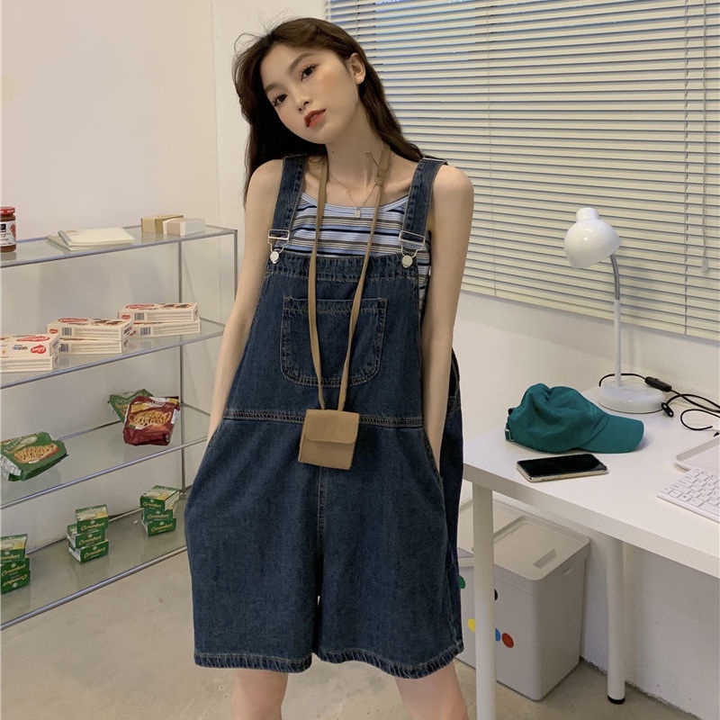 Celana Pendek Overall Denim Pinggang Tinggi Wanita Bagian Tipis Suspender Jumpsuit 2022 Musim Panas