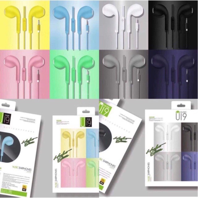 U19 Earphones Macaron Mate Color HIFI Headset Ala Korea Handsfree Warna Warni Pack Plastik