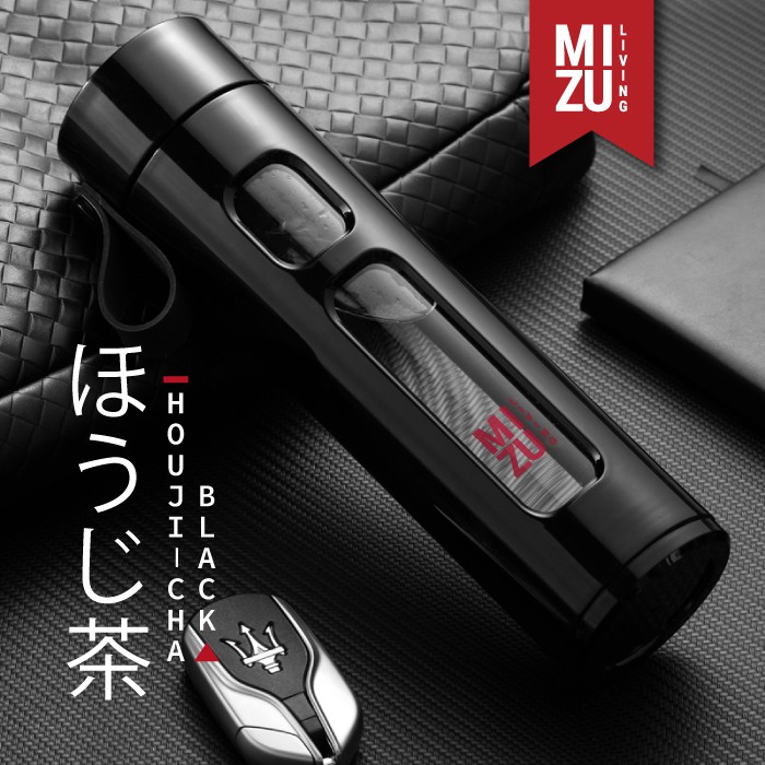 HOUJI-CHA Glass Water Bottle Botol Air Minum Kaca Tumbler 450ml Saringan Teh Infused Water BPA-Free-BLACK