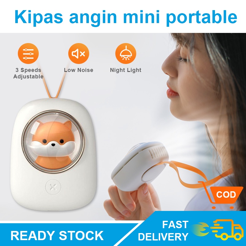 CORN Multifungsi Kipas Angin Mini Portable Space Capsule Hanging Neck Fan Model Gantung Leher Rechargeable with LED Light