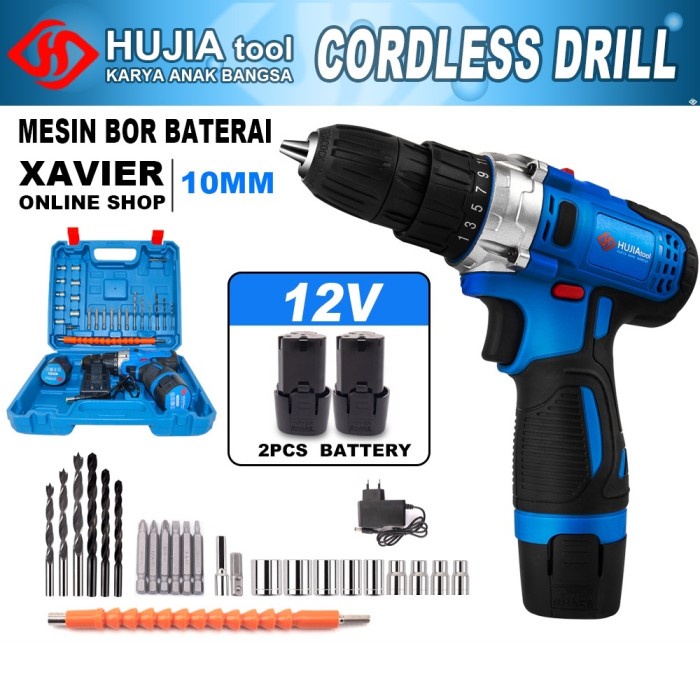 MESIN BOR BATERAI CORDLESS DRILL HUJIA PRO1012 FULLSET ACC ORIGINAL