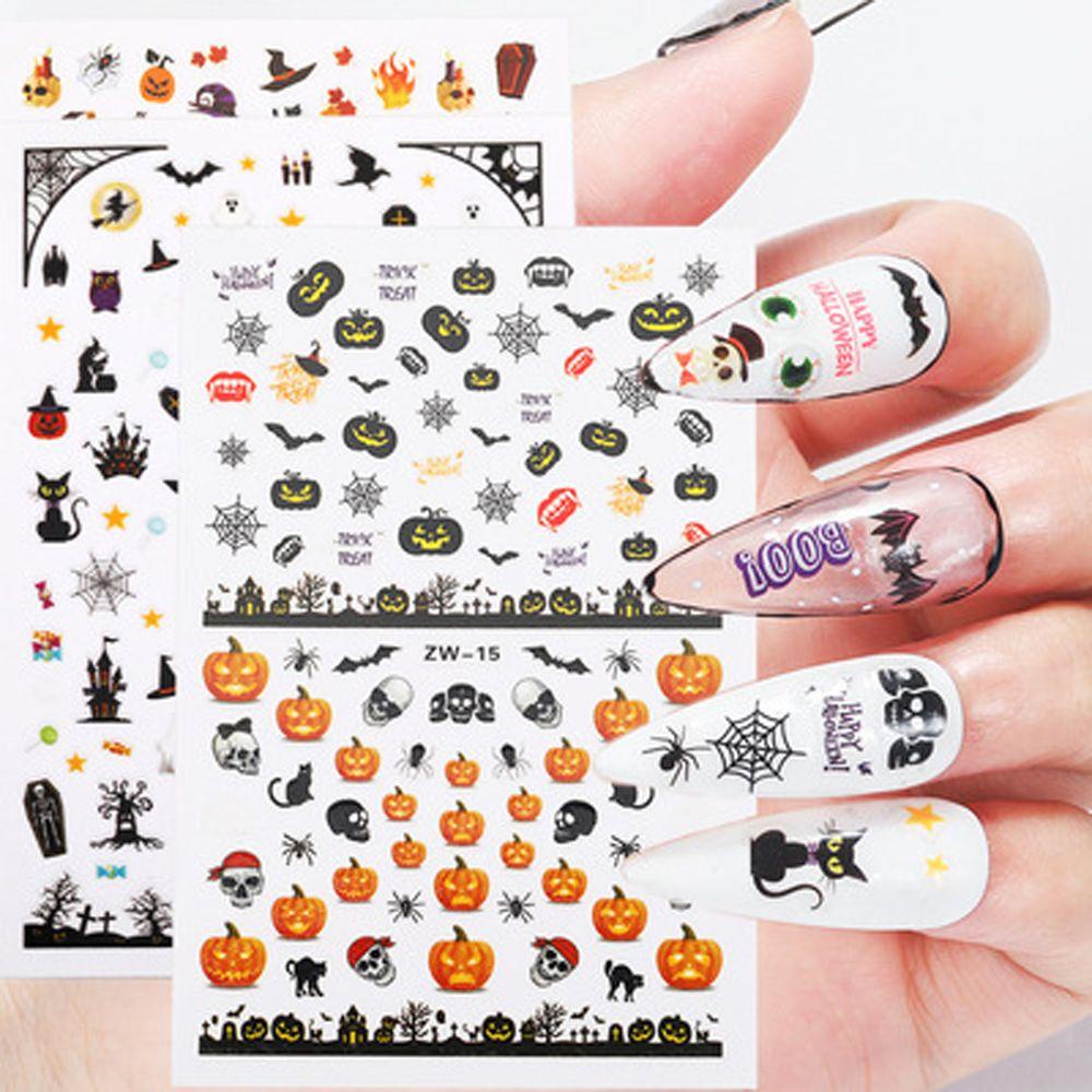 AUGUSTINA Agustina Halloween Stiker Kuku Wanita Penyihir Spider Web Perekat Diri Kucing Hitam Labu DIY Kuku Decals