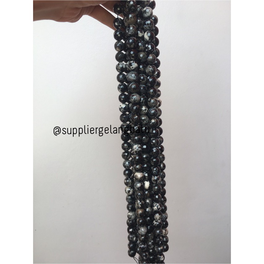 batu dalmantion agate FACETED BEADS 14mm cutting UKIR gelang kalung aksesoris hitam putih trending