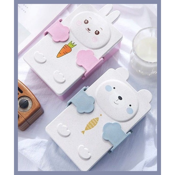 Kotak Bekal Makan Anak Tempat Makan Anak 2 Sekat  Lunch Box Bear Rabbit Motif Kelinci Beruang