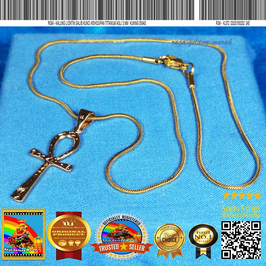 Raja Gelang Murah  Kalung Liontin salib kunci kehidupan Titanium asli 3 mm Kuning Emas