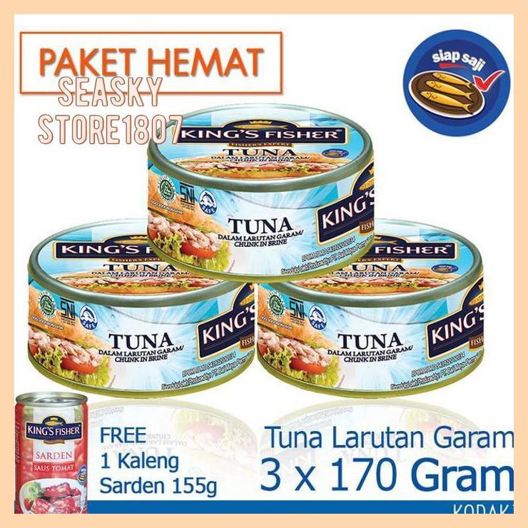 

[ PAKET 3 PCS KING'S FISHER TUNA DALAM AIR GARAM 170G GRATIS SARDEN 155G]