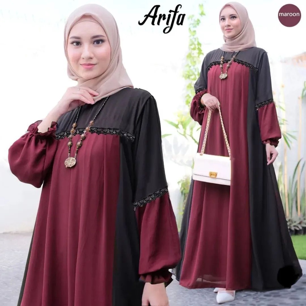 ARIFA DRESS BL CERUTY BABYDOLL FULL PURING MIX RENDA LD 108 CM PB 137 CM DRESS CERUTY TERBARU GAMIS LEBARAN TERBARU 2023 KEKINIAN MAXI DRESS WANITA LENGAN PANJANG