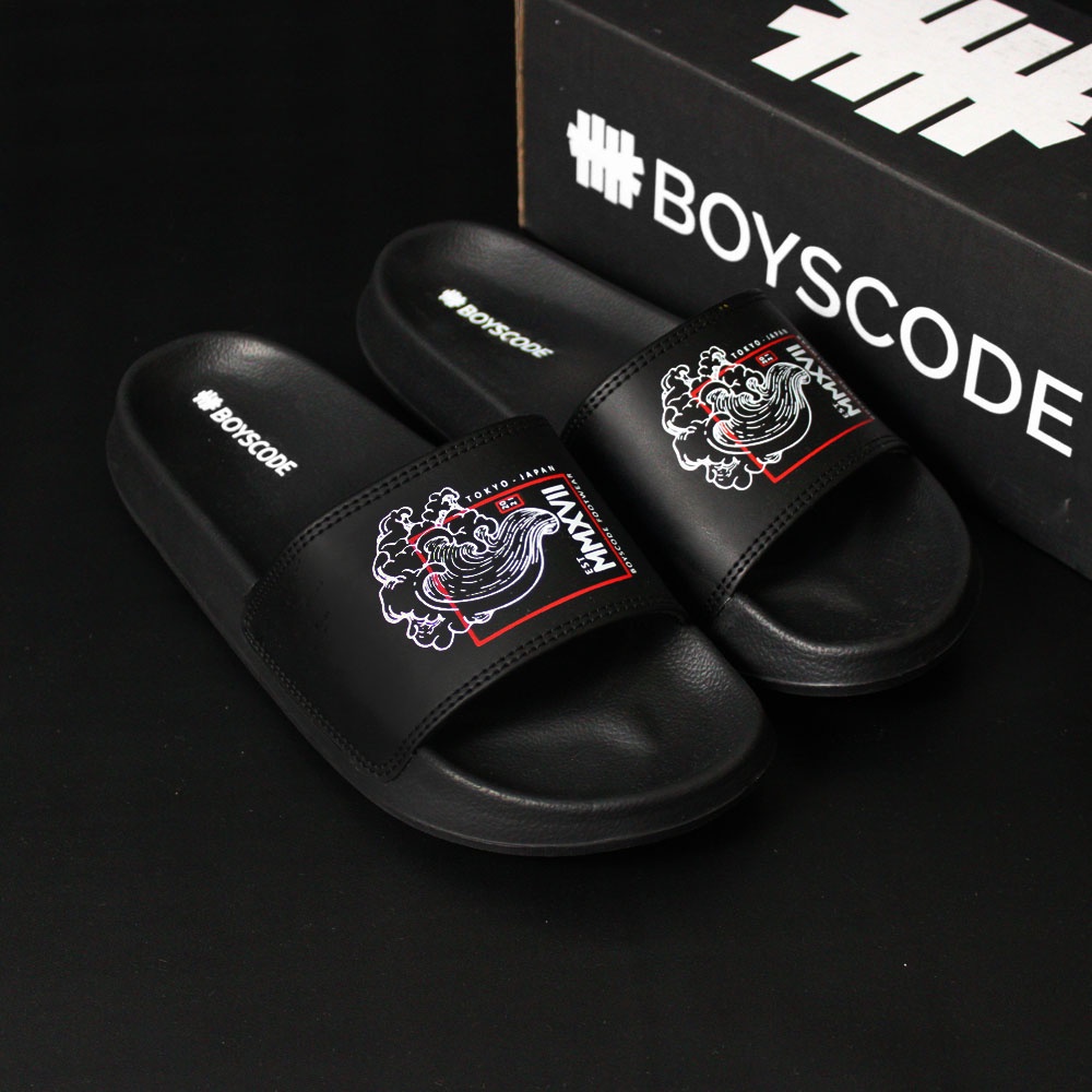 Sendal Selop Pria Wanita Distro Boyscode Japanesse Wind Black / Sendal Slip On Pria / Sendal Slide Pria