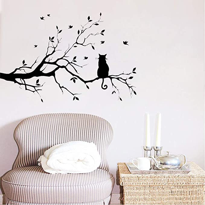 Stiker Dinding Decal Desain Cat on A Tree Branch Untuk Ruang Tamu / Kamar Tidur