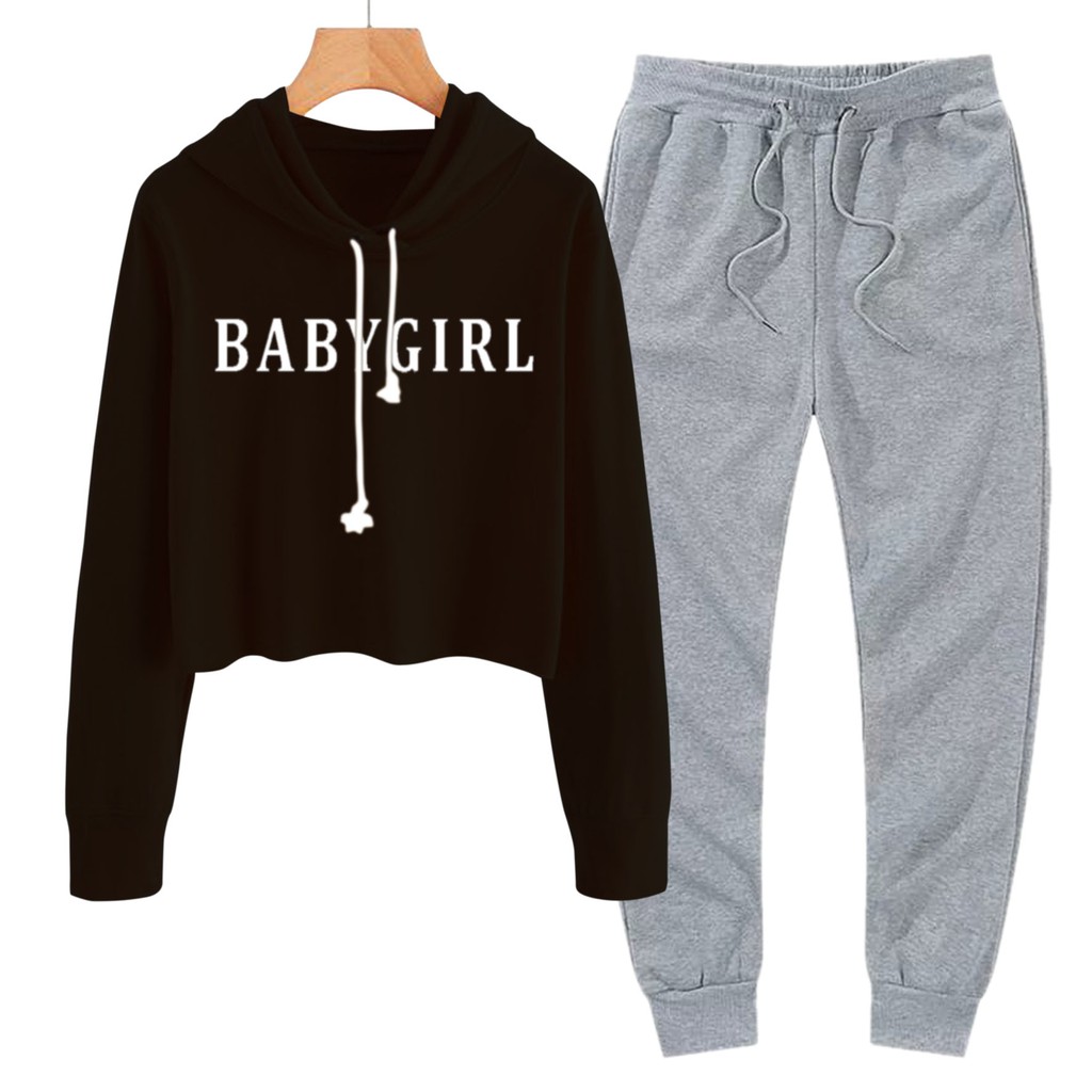 BESS - Baju Setelan Wanita Murah / Setelan Hoodie Crop + Jogger Abu - BABYGIRL