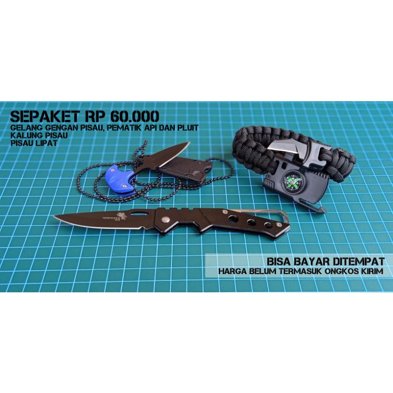 Sepaket gelang paracord survival, kalung pisau, pisau lipat.