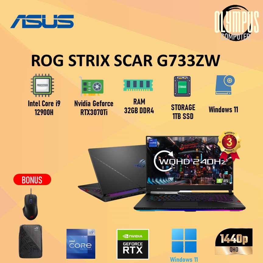 Laptop Asus Rog Strix Scar G733ZW RTX3070TI i9 12900H 32GB 1TB SSD W11+OHS 17.3QHD 240HZ
