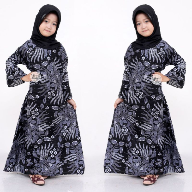 Batik Couple Keluarga Sania Ruffle Ori Ndoro Jowi dnt Motif Manggar Abu Katun Premium M-XXL BCP-Gamis Anak