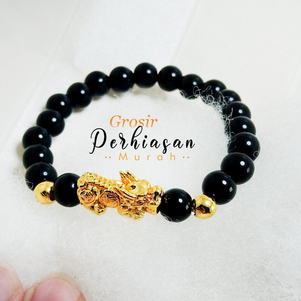 [Bayar Di Tempat] Gelang Batu Giok Taiwan Asli Natural Kombinasi Pixiu Hitam