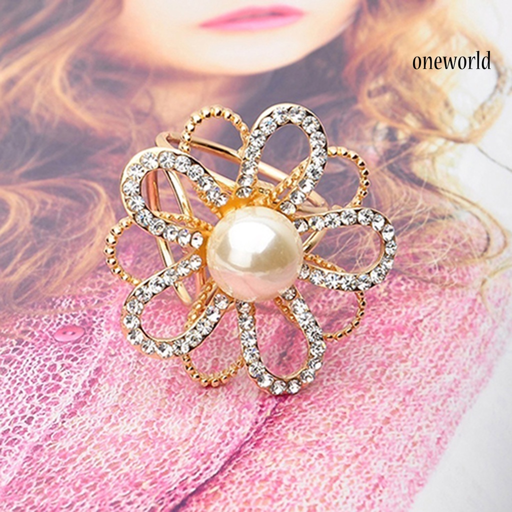 OW@ Scarf Buckle Rhinestone Inlaid Fashion Accessories Alloy Faux Pearl Flower Scarf Buckle for Party