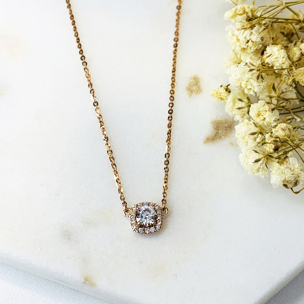 Kalung Solitaire Mata Satu Zircon Emas Asli Dewasa Rose Putih Kadar 750 75% 2 gram