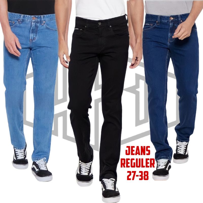 CELANA JEANS REGULER/STANDAR COWOK PRIA SIZE 27-38 4 SAKU BELAKANG DAN DEPAN WARNA WOST STUN NAVY BLITZ DAN HITAM