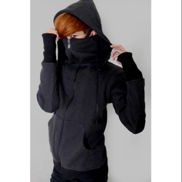 JAKET PRIA KIMARU GREY - Jaket Hoodie Abu Cowok Fleece Tebal Kerah Leher Tinggi Ninja Style Jepang