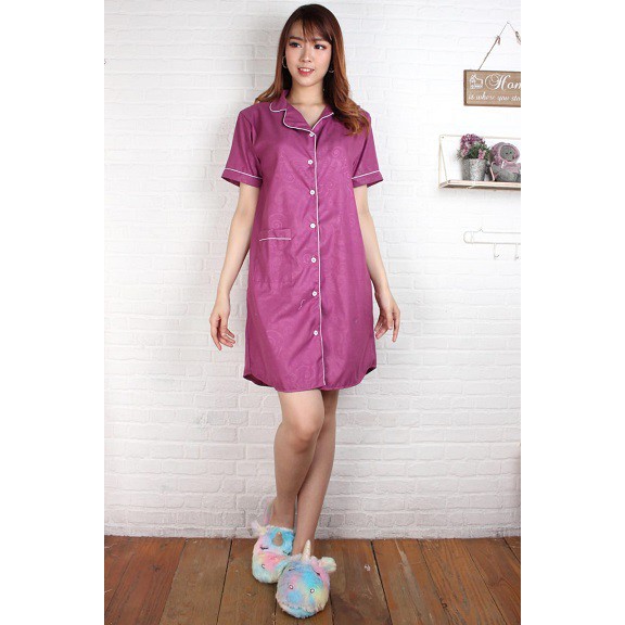 Fortglass DST Saten Sleepwear Baju Tidur Daster Wanita Dewasa Lengan Pendek Satin Embos-LAVENDER