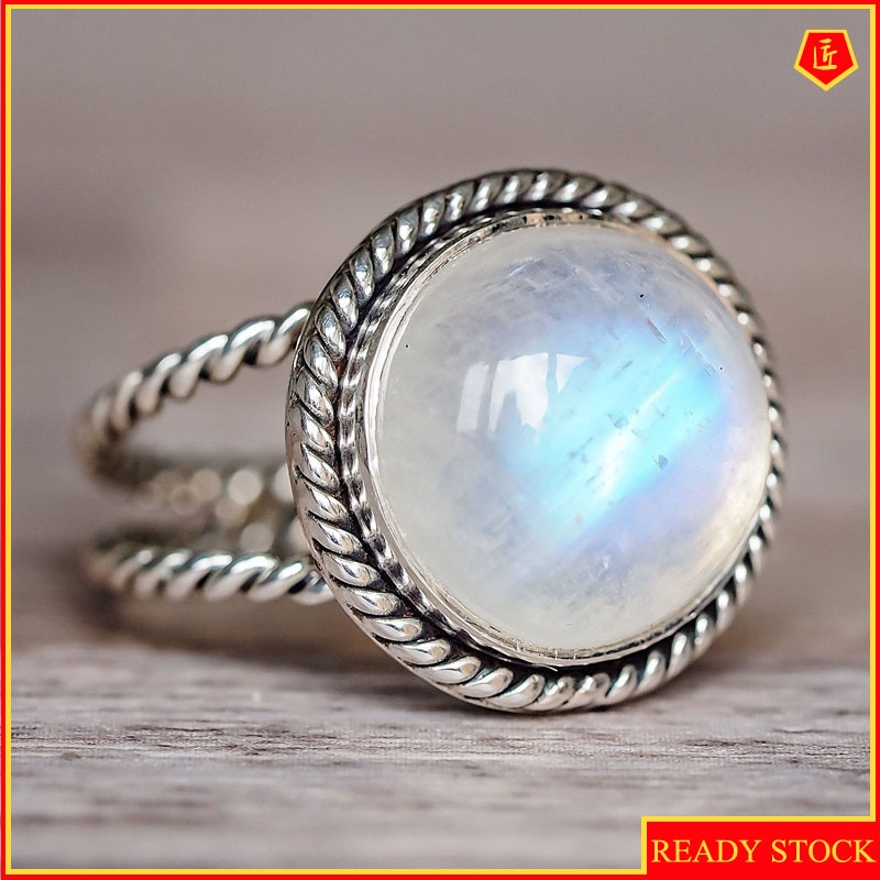 [Ready Stock]Round Moonstone Ring Vintage Silver Exaggerated Punk