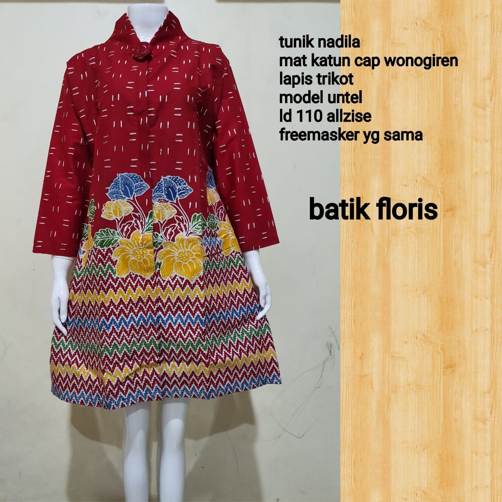 Batik Wanita Tunik Nadila Merah Dress Batik by Florist