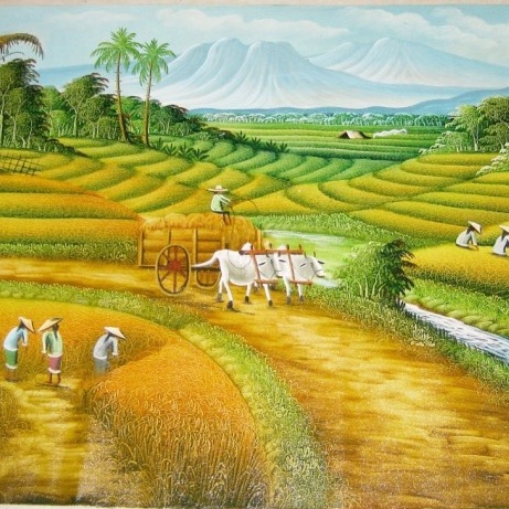Lukisan Panen Padi Sawah Terasering dengan Pedati yang Terhampar Luas