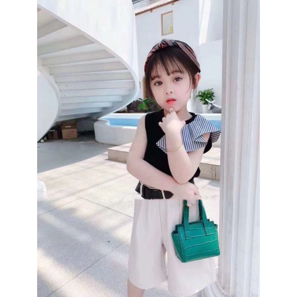 setelan baju anak perempuan asimetris import + celana kulot free belt 1 s/d 6 tahun-4
