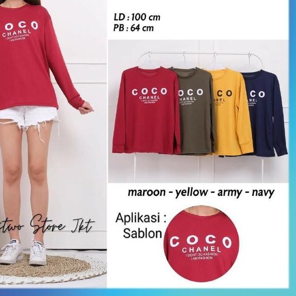♪ Baju Kaos Wanita Cewek Cewe Remaja Lengan Panjang Terbaru Coco Chanel - Biru ☎
