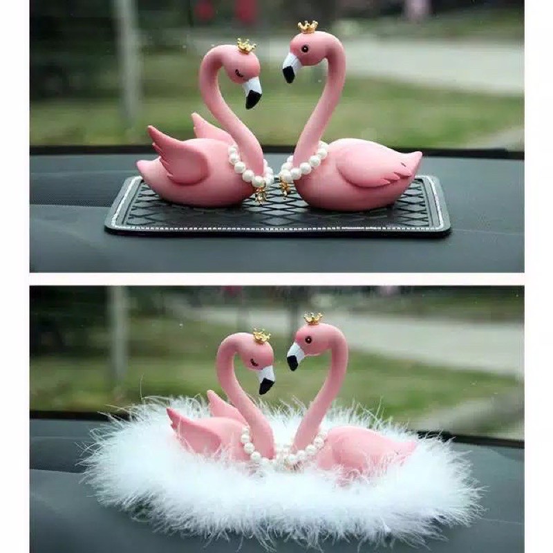 1 Set Pajangan Dashboard Mobil Flamingo/angsa Couple Crown Bahan Premium