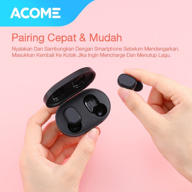 Acome Headset Earphone Bluetooth 5.0 TWS LED Garansi Resmi 1 Tahun Airdots T1