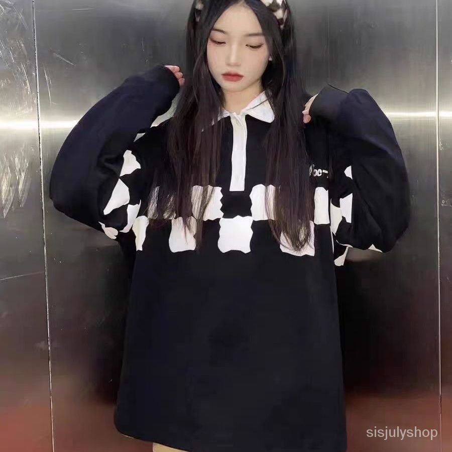 Musim Gugur dan Musim Dingin Lengan Panjang T-shirt 2022 Versi Korea Pasangan Hip-Hop Hitam dan Puti