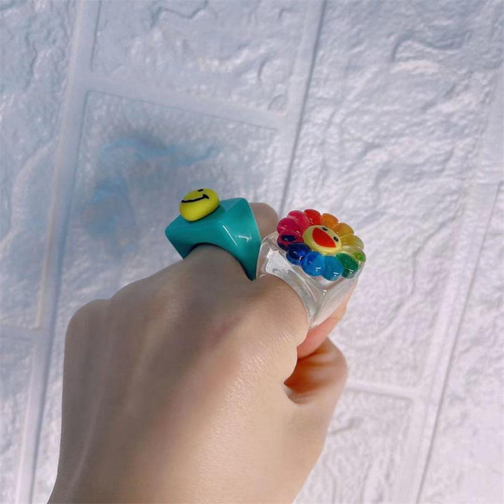 Needway Cincin Korea 2021gaya Baru Bunga Matahari Bunga Smiley Resin Geometris Fashion Perhiasan