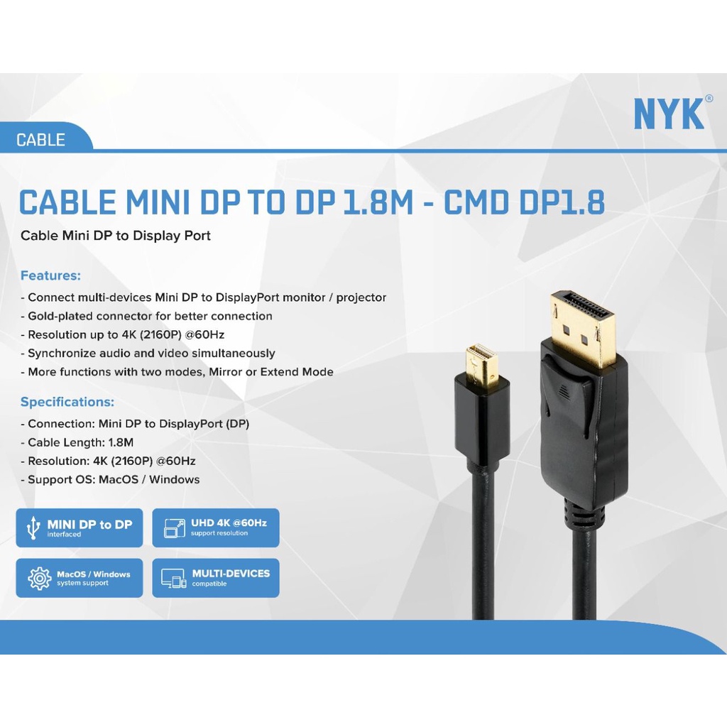 NYK Kabel Mini Display Port to Display Port 1.8m - Gold Plate 4K