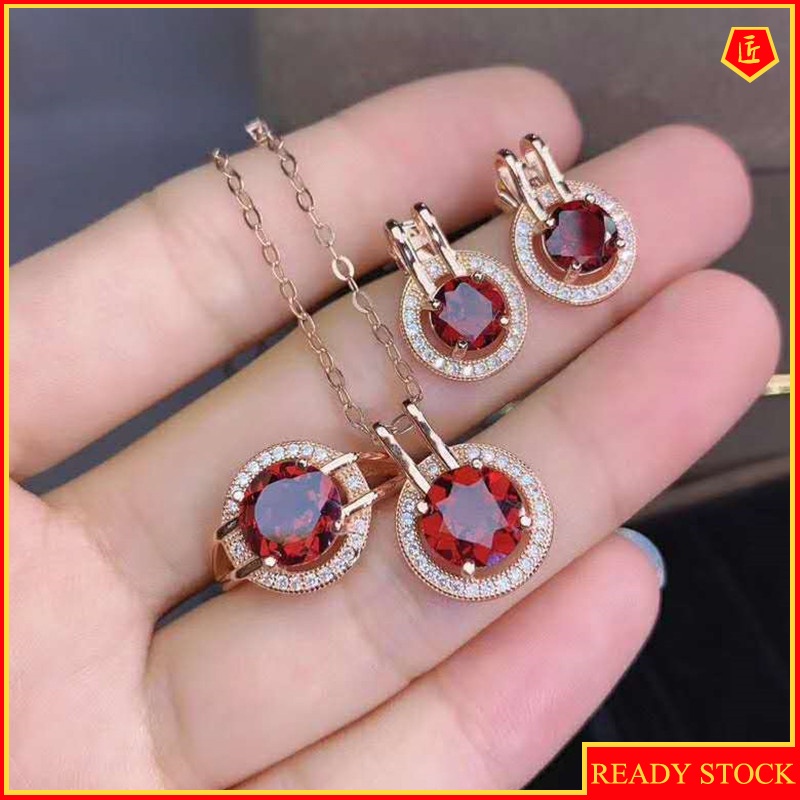 [Ready Stock]Natural Garnet Pendant 18K Gold Emerald Rings Ear Studs Set