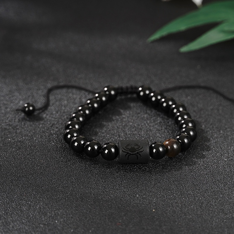 Gelang Manik-Manik Batu Reiki Hitam Ukuran 8mm Desain 12 Rasi Bintang Untuk Pria Dan Wanita