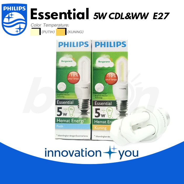 PHILIPS ESSENTIAL 5W E27 | Lampu Hemat Energi | Putih atau Kuning