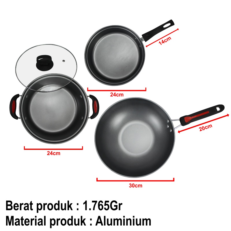 Wajan Enamel Frypan Teflon Anti Lengket Wajan Anti Lengket panci sup teflon frypan tutup kaca Panci set 3 in1 -Wonderdekorasi