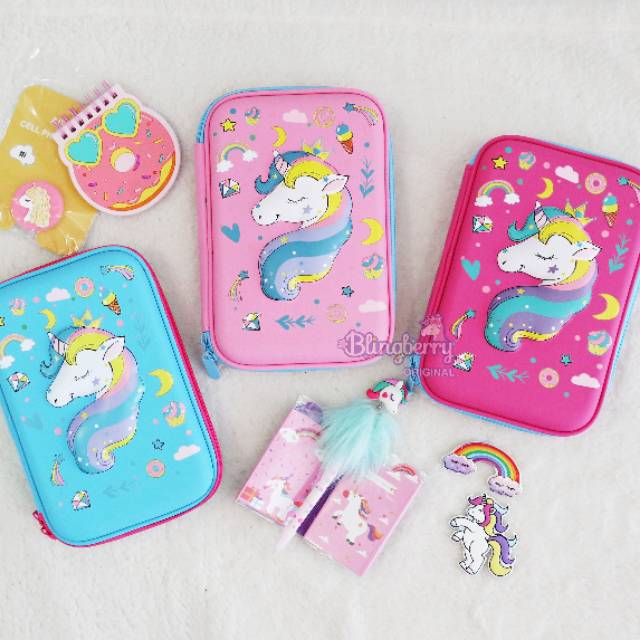 COD, ready: Tempat pensil kotak pensil 3D Unicorn Hardtop Pencil Case tempat pensil mermaid