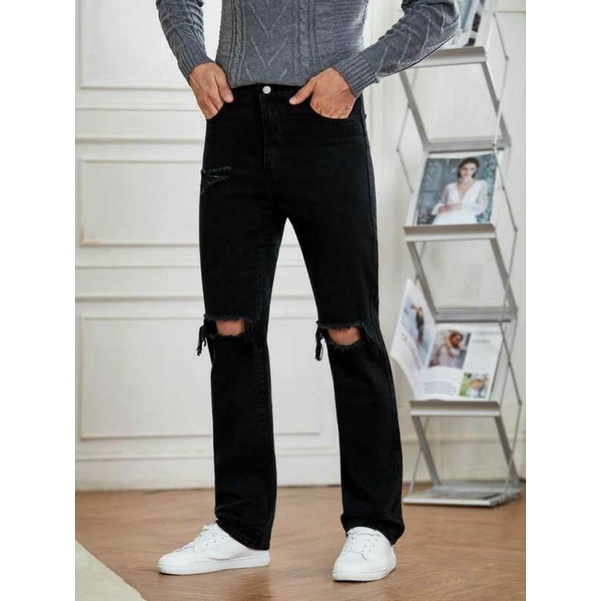 CELANA SOBEK PRIA RIPPED JEANS STANDAR REGULER BASIC HITAM PREMIUM 28-38