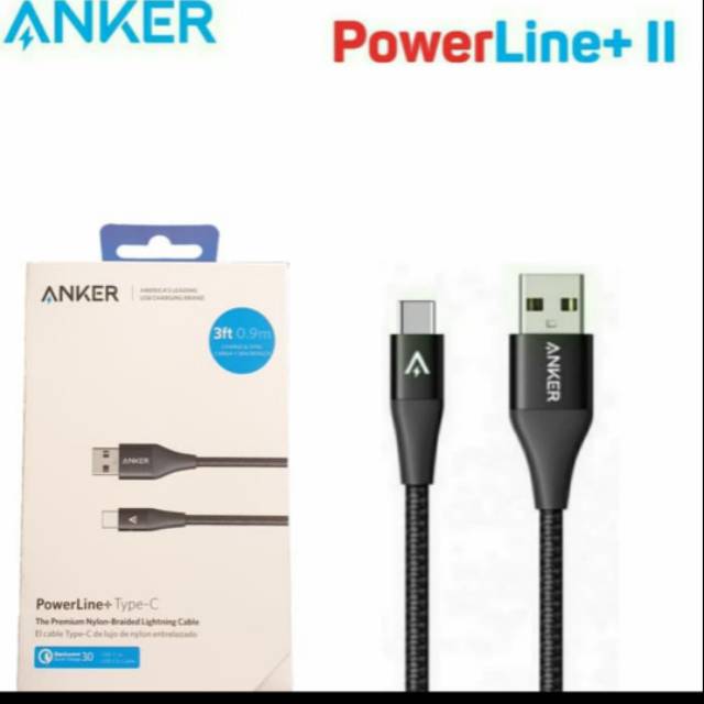 Kabel data Anker Nylon power line+ll type C 3ft/0.9m A8462/A8123 Hitam