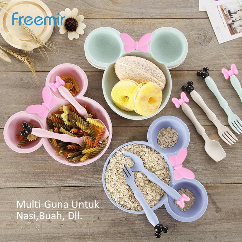 freemir Wheat Straw Tableware Character Set 3pcs Gambar Mickey Mouse