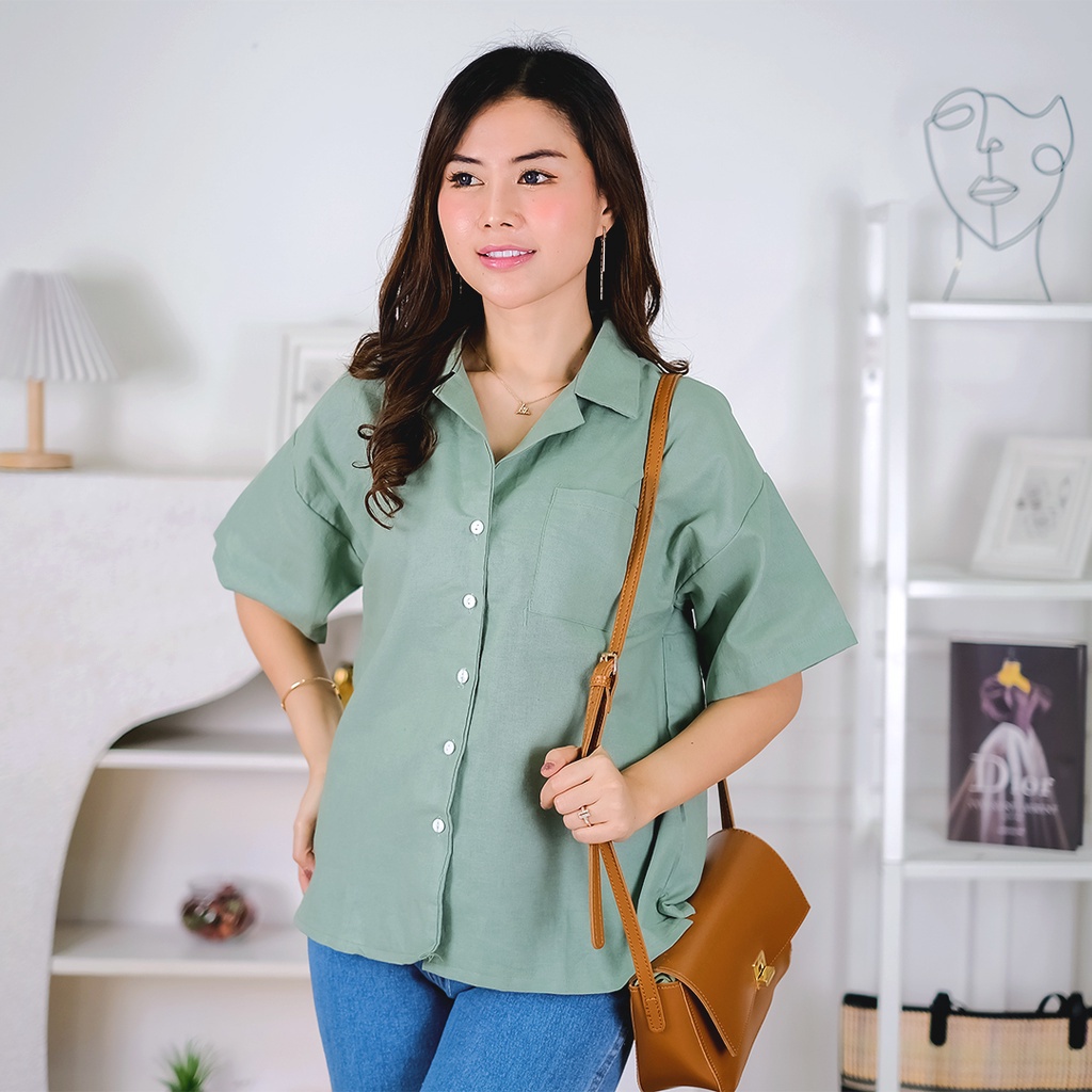 Tq88indonesia Fashion Kemeja Wanita Lengan Pendek Terbaru /  Lynn Oversize Shirt Crincle Shirt / Hem /Kem / Busana Casual Cewek / Ootd / Outfit