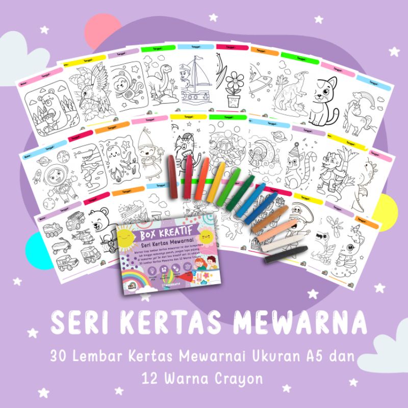 SERI KERTAS MEWARNAI | Mainan edukasi kreasi anak kertas mewarna set crayon 30 lembar buku mewarna