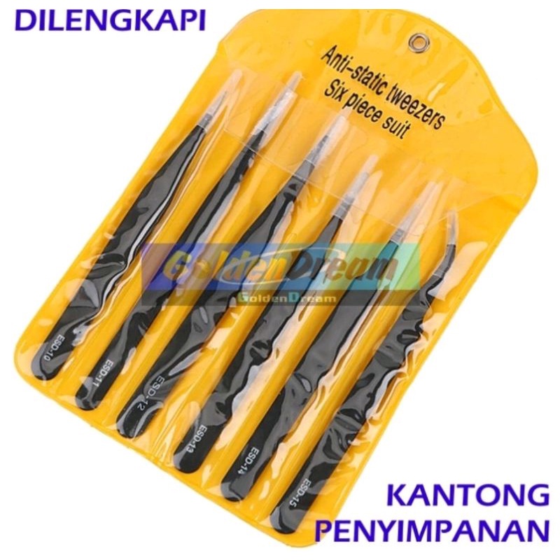 Pinset 6 pcs ESD Anti Static Tebal Stainless Steel Tweezer Statis Safe