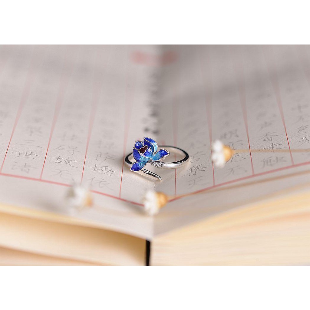 Cincin Lapis Rhodium Desain Lotus Cina Warna Biru Gaya Vintage Untuk Wanita