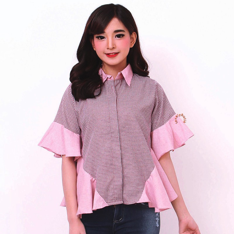 Lovelybutik Gisella Rimple Casual Blouse Kemeja Trendy Wanita Lengan Pendek Motif Kotak