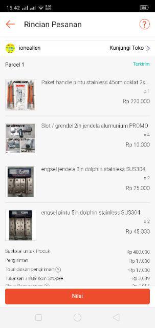 Paket Handle Pintu Stainless 45cm Coklat 2set + Body Pelor